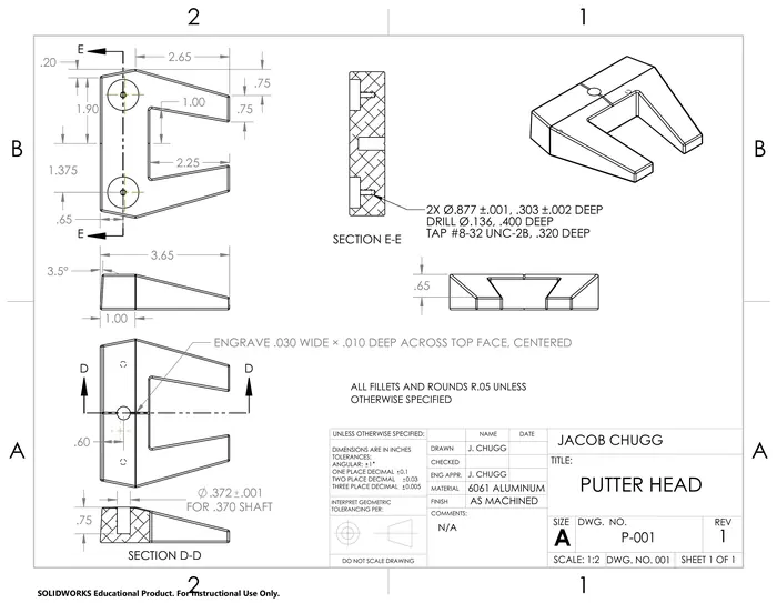 Putter head manufacturing drawing, 6061 aluminum