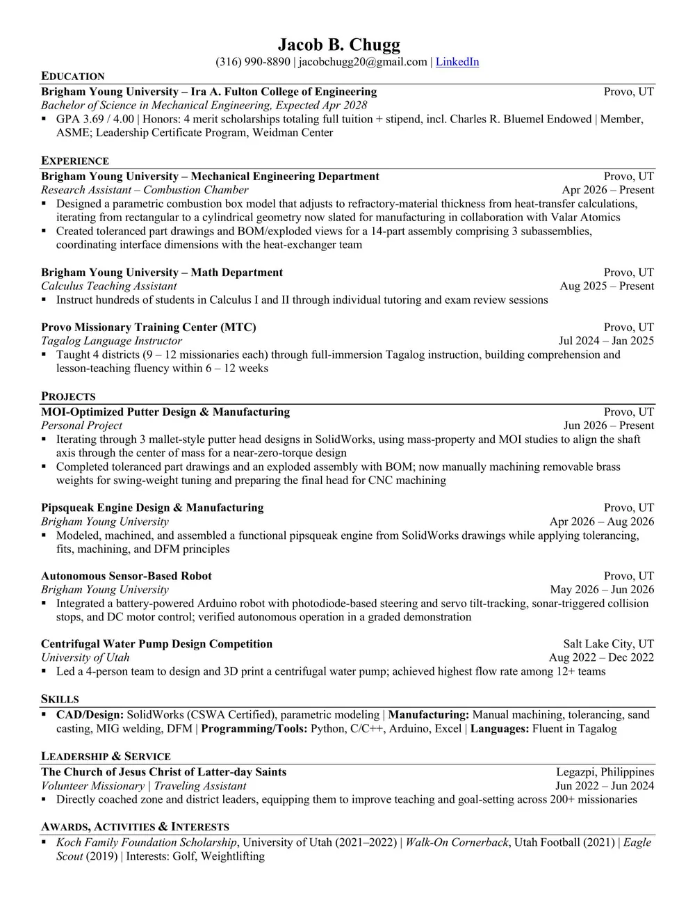 Preview of Jacob Chugg's one-page resume