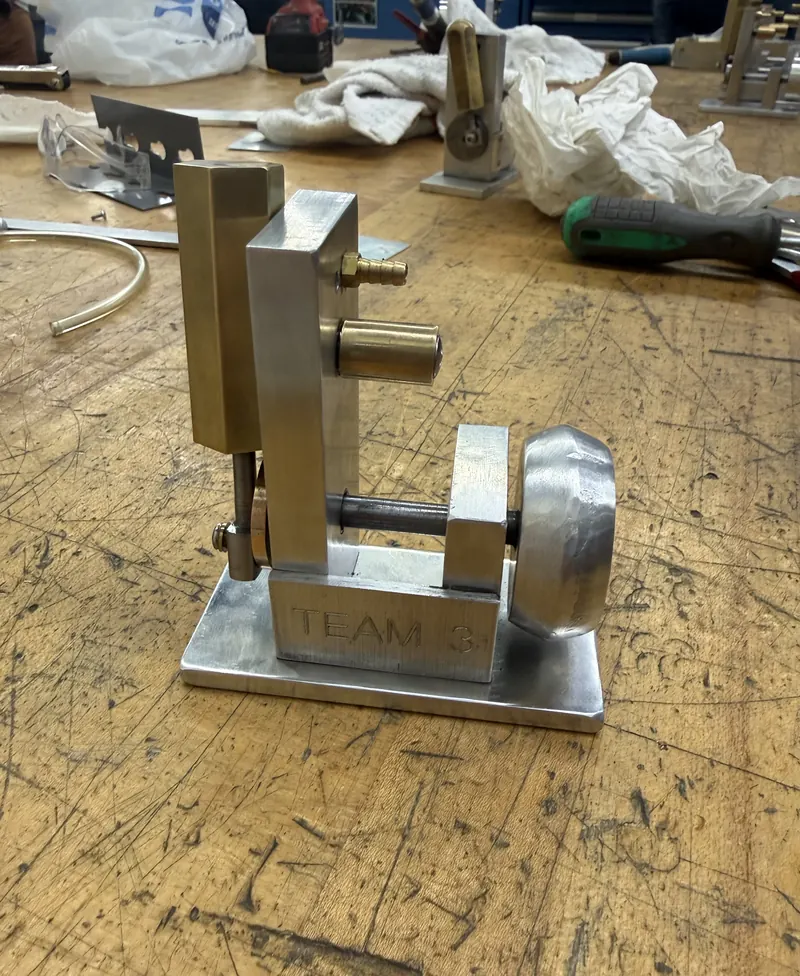Machined engine components on the workbench