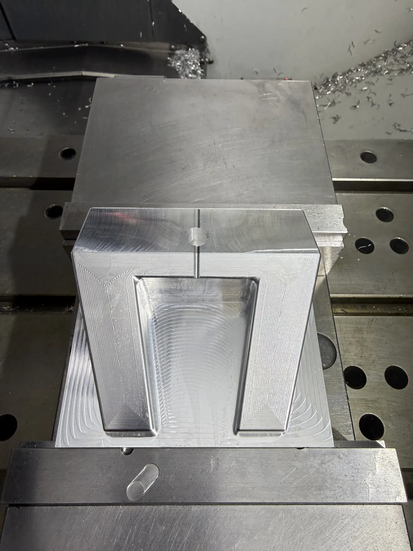 Cavity being formed on the CNC mill, top-down view